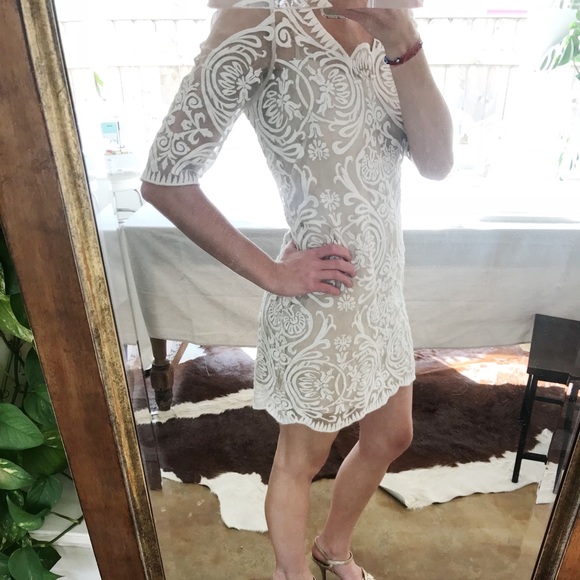 White Embroidered Long-Sleeve Bridal Dress - Picture 6 of 8